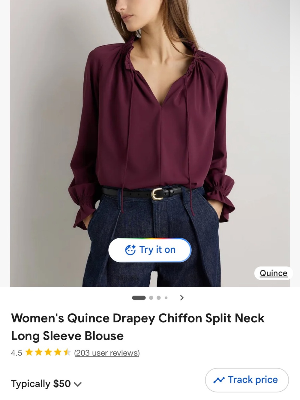 Quince Burgundy Drapey Chiffon Split-Neck Long Sleeve Blouse